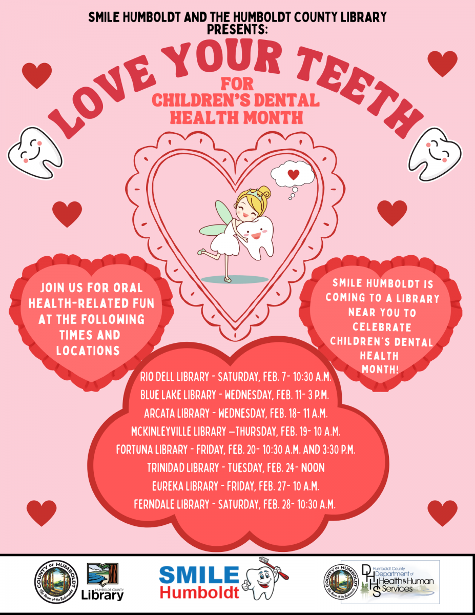 Text over a pink background with illustrations of teeth, hearts, and the tooth fairy.
